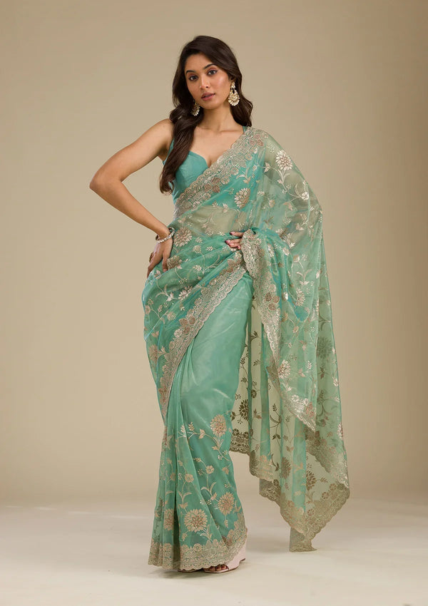 Fashion Cave Sea Green Zariwork Tissue Saree