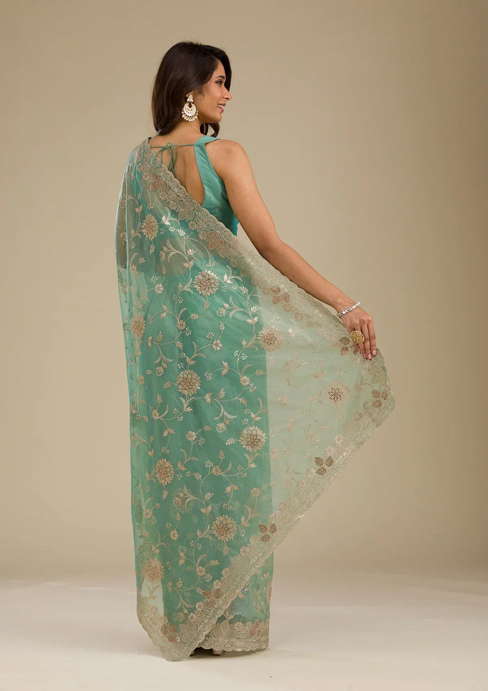 Fashion Cave Sea Green Zariwork Tissue Saree