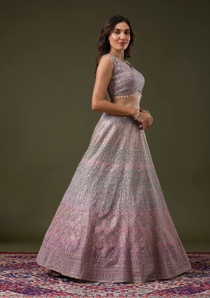 Fashion Cave Pink Threadwork Net Readymade Lehenga