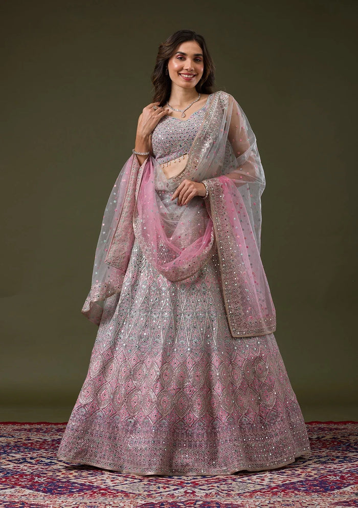 Fashion Cave Pink Threadwork Net Readymade Lehenga