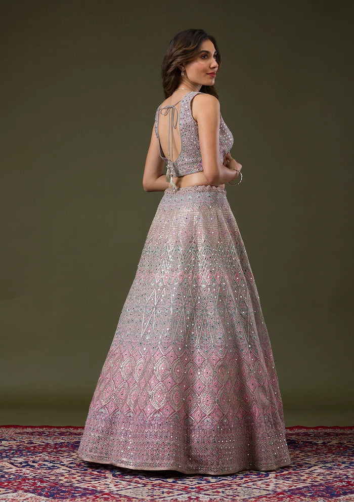 Fashion Cave Pink Threadwork Net Readymade Lehenga