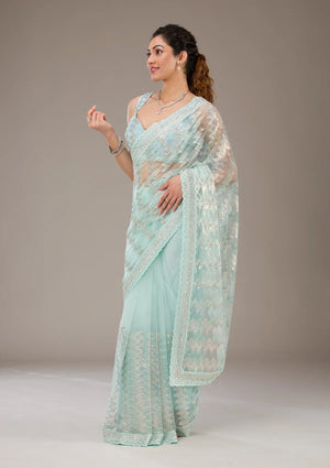Fashion Cave Pista Green Sequins Net Saree