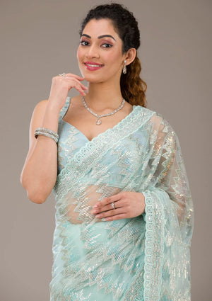 Fashion Cave Pista Green Sequins Net Saree