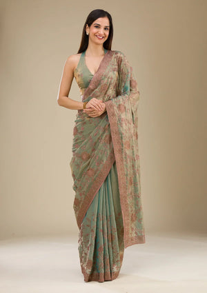 Fashion Cave Pista Green Threadwork Raw Silk Saree