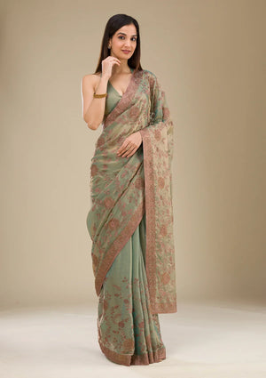 Fashion Cave Pista Green Threadwork Raw Silk Saree