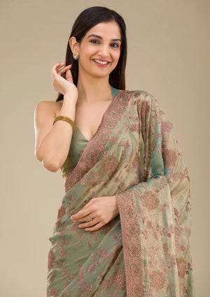 Fashion Cave Pista Green Threadwork Raw Silk Saree