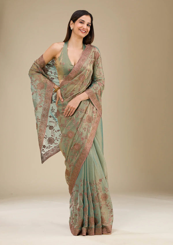 Fashion Cave Pista Green Threadwork Raw Silk Saree