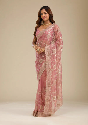 Fashion Cave Pink Zariwork Tissue Saree