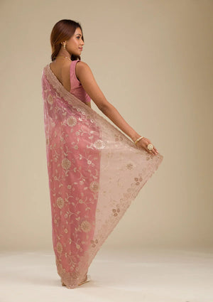 Fashion Cave Pink Zariwork Tissue Saree