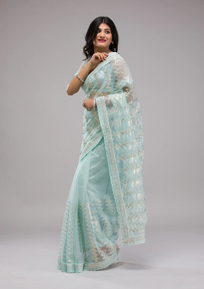 Fashion Cave Sky Blue Sequins Net Saree