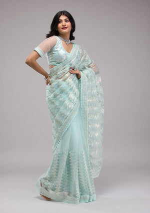 Fashion Cave Sky Blue Sequins Net Saree