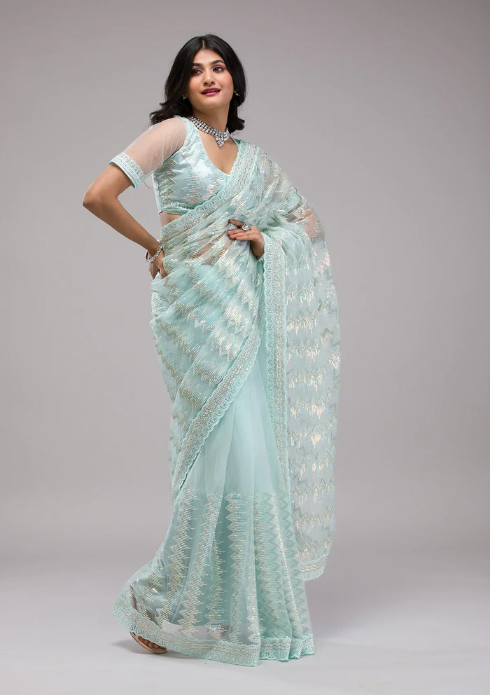 Fashion Cave Sky Blue Sequins Net Saree