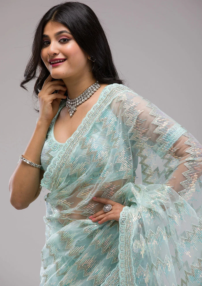 Fashion Cave Sky Blue Sequins Net Saree