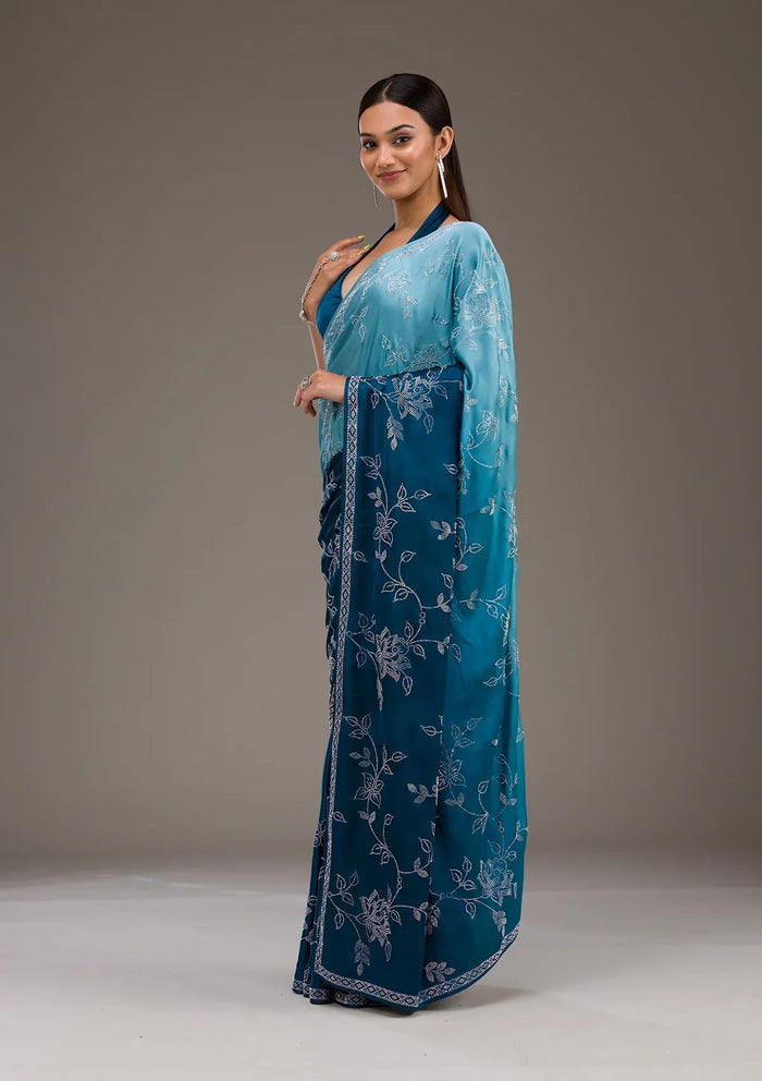 Fashion Cave Turquoise Blue Stonework Satin Saree