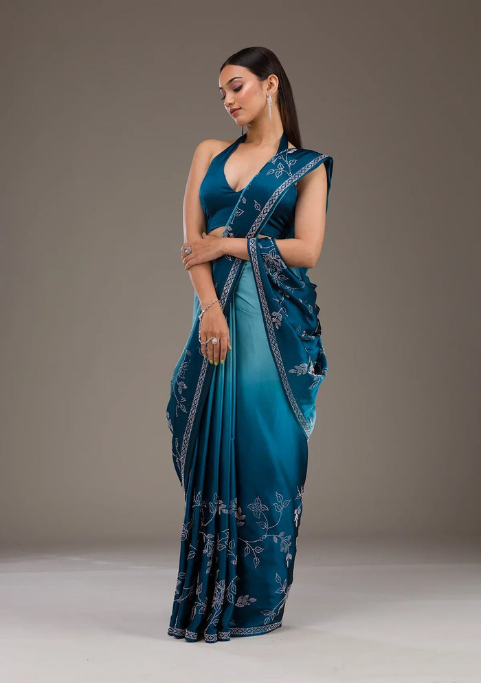 Fashion Cave Turquoise Blue Stonework Satin Saree