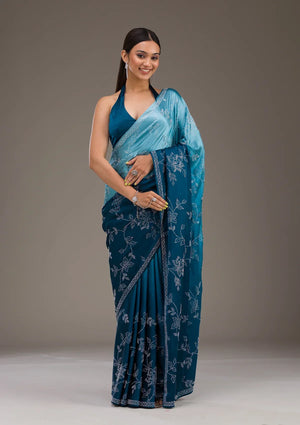 Fashion Cave Turquoise Blue Stonework Satin Saree