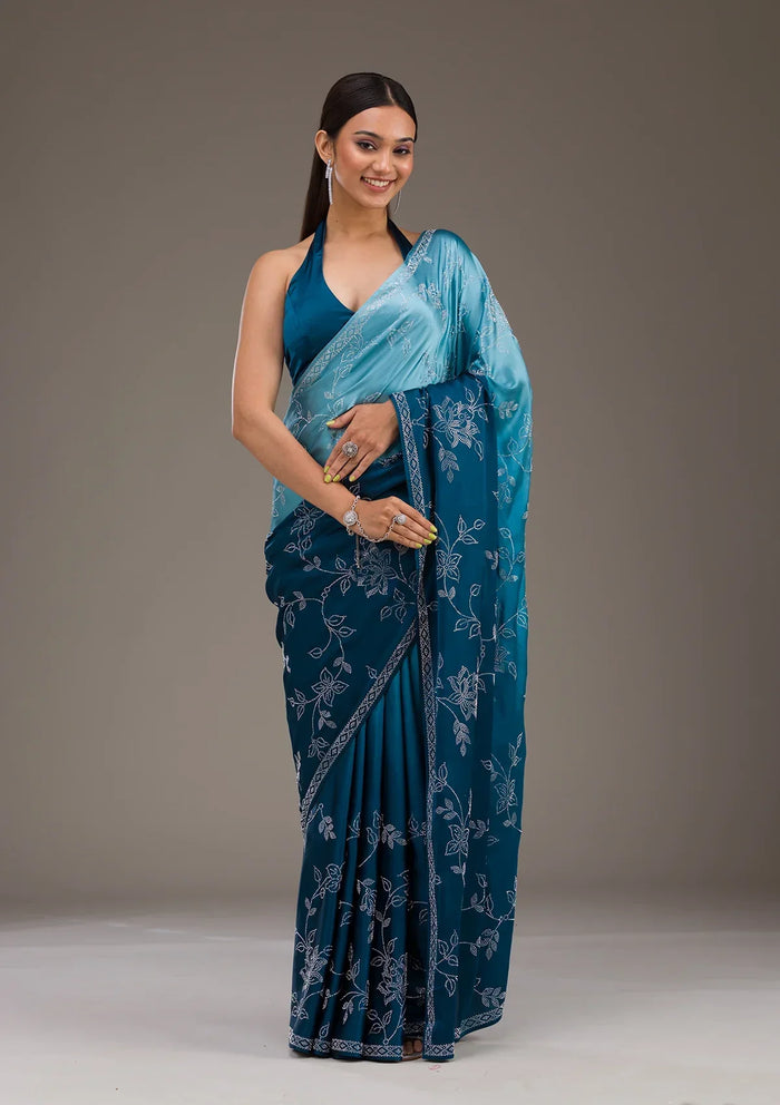 Fashion Cave Turquoise Blue Stonework Satin Saree