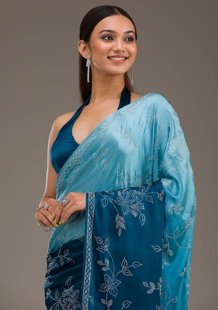 Fashion Cave Turquoise Blue Stonework Satin Saree