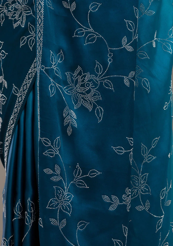 Fashion Cave Turquoise Blue Stonework Satin Saree