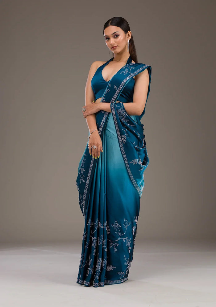 Fashion Cave Turquoise Blue Stonework Satin Saree