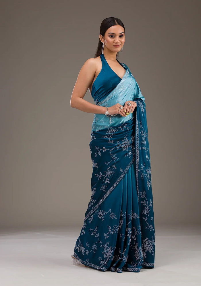 Fashion Cave Turquoise Blue Stonework Satin Saree