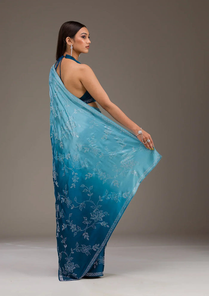 Fashion Cave Turquoise Blue Stonework Satin Saree