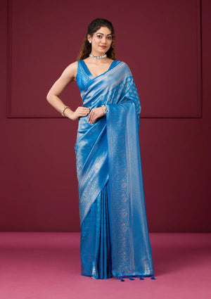 Fashion Cave Turquoise Blue Zariwork Art Silk Saree