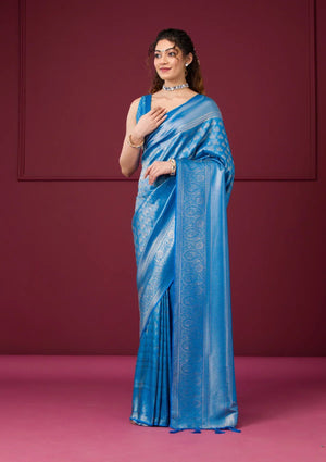 Fashion Cave Turquoise Blue Zariwork Art Silk Saree