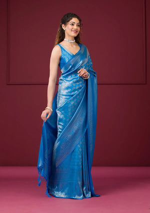 Fashion Cave Turquoise Blue Zariwork Art Silk Saree