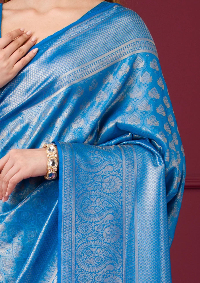 Fashion Cave Turquoise Blue Zariwork Art Silk Saree