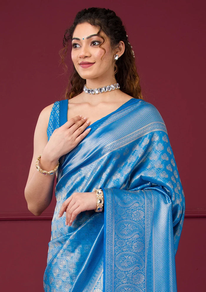 Fashion Cave Turquoise Blue Zariwork Art Silk Saree