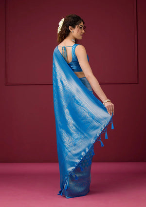 Fashion Cave Turquoise Blue Zariwork Art Silk Saree