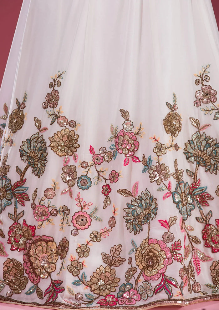 Fashion Cave White Threadwork Georgette Readymade Lehenga