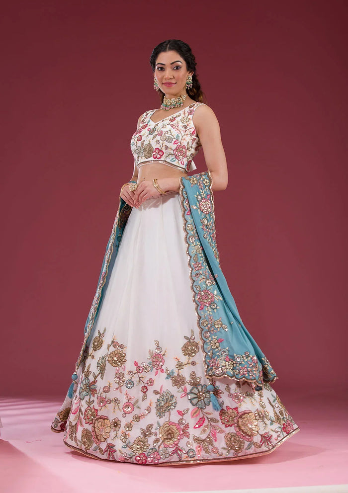 Fashion Cave White Threadwork Georgette Readymade Lehenga