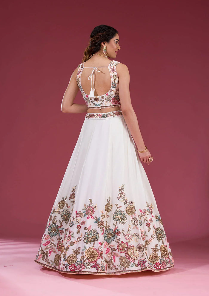 Fashion Cave White Threadwork Georgette Readymade Lehenga