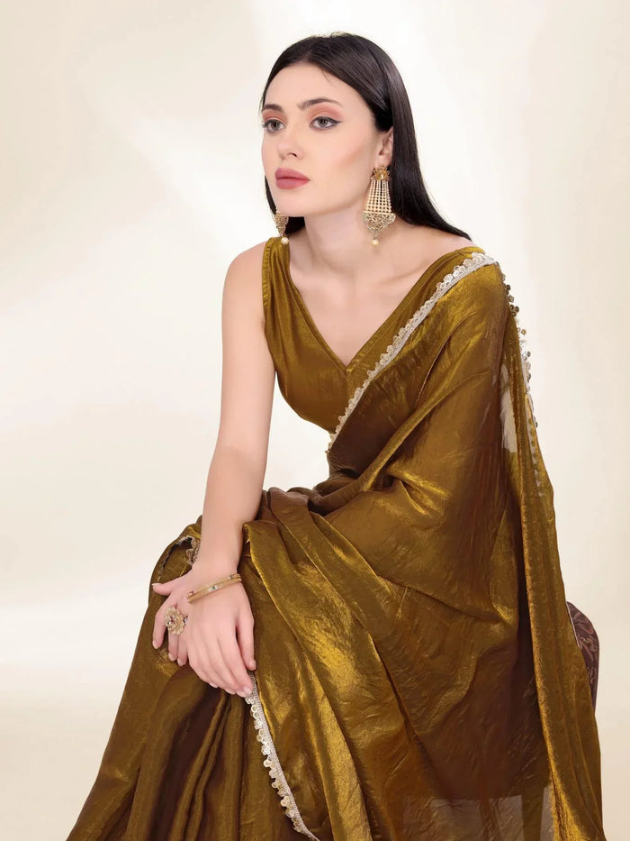 Mehndi Color Fendi Silk Shining Saree With Fancy Lace Broder and Blouse