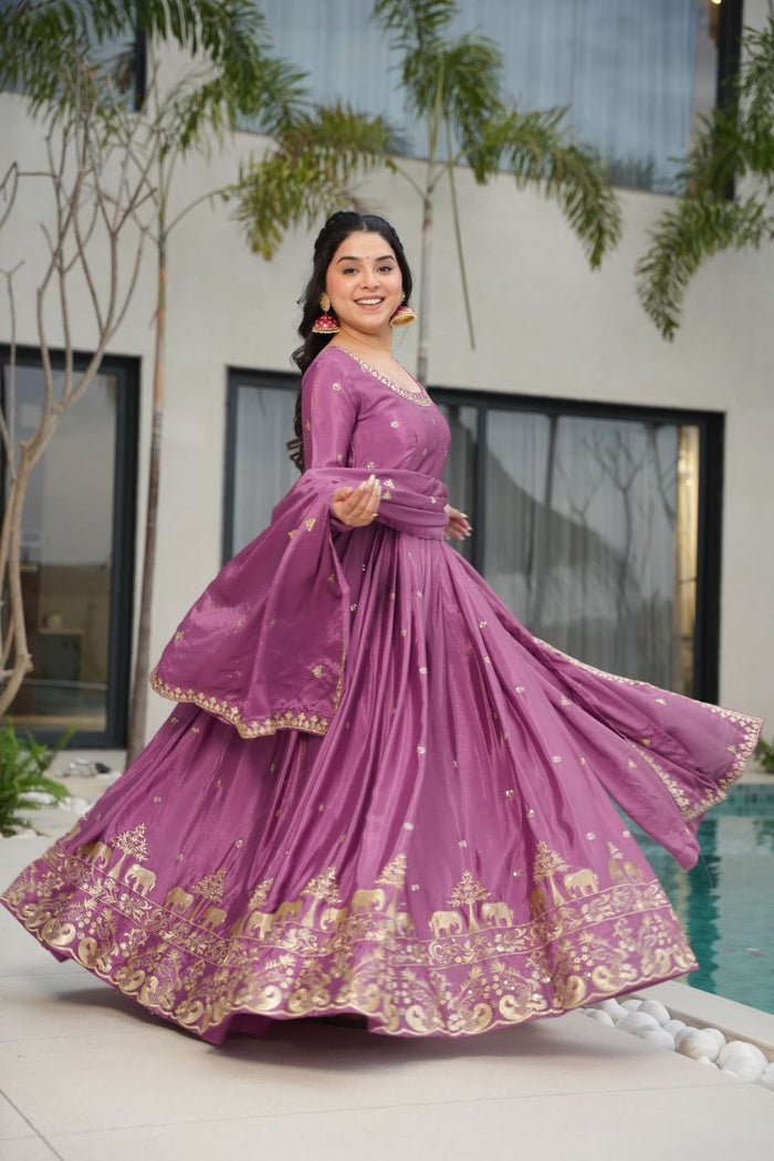 Tamato Color Chinon Silk Sequins Embroidered Gown Ready to Wear