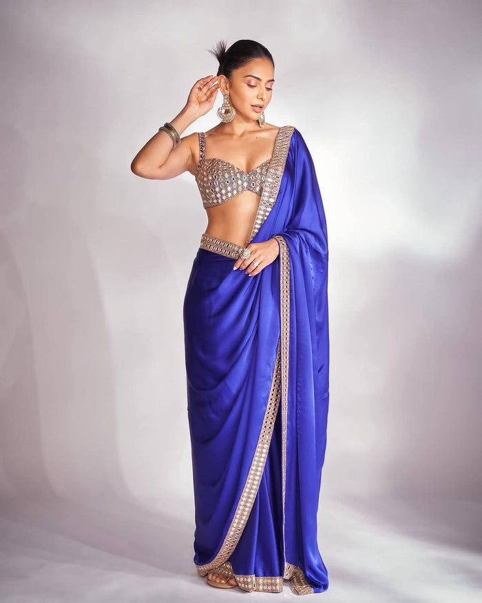 Beautiful Teal Blue Pure satin silk With Embroidery Lace and Real Mirror Blouse