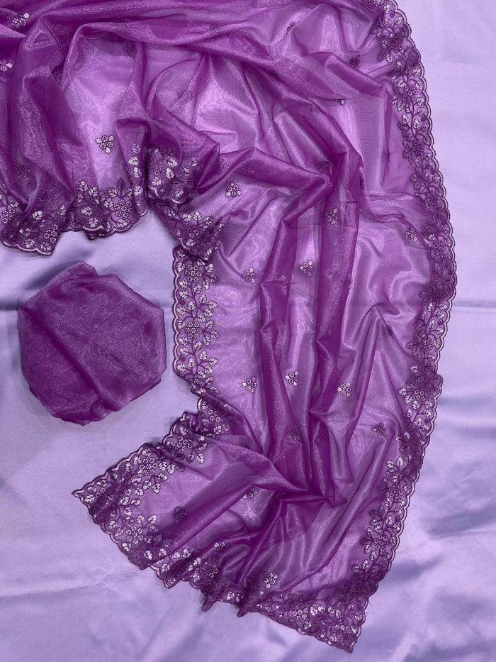 Beautiful Twill Net With Sequence Work Cocktail Party Shining Saree