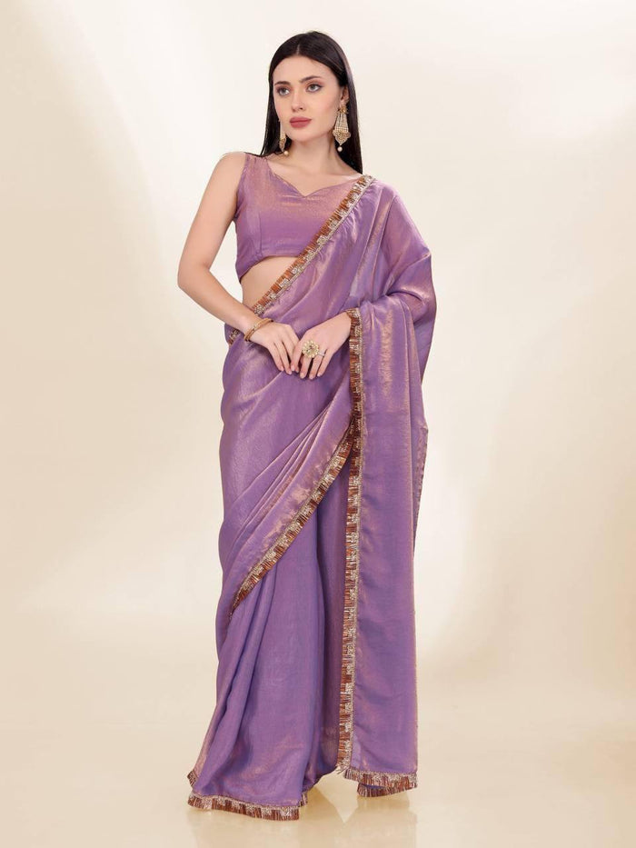 Lavish Lavender Color Fendi Silk With Embroidery Lace Broder and Blouse