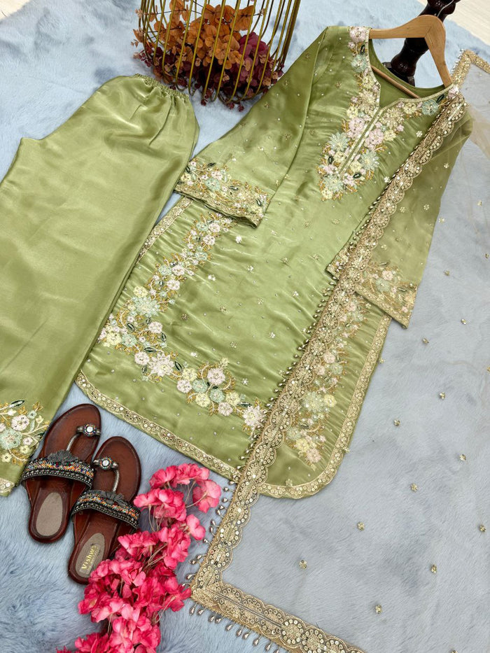 π¦ ΔΔsigner Party Wear Look Pur Chinon Silk Top Plazzo & Dupatta Ready To Wear
