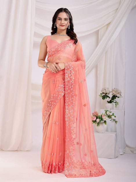 Beautiful Twill Net With Sequence Work Cocktail Party Shining Saree