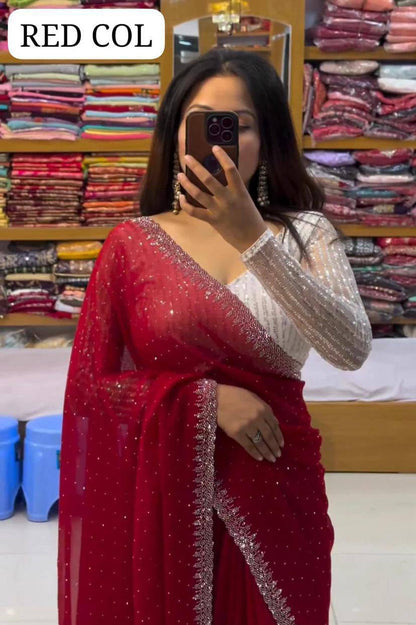 Beautiful Designer Party Wear Georgette Saree With All Over Heavy Beads Work And White Colour Heavy Sequence Blouse