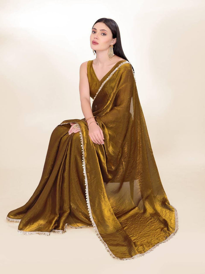 Mehndi Color Fendi Silk Shining Saree With Fancy Lace Broder and Blouse