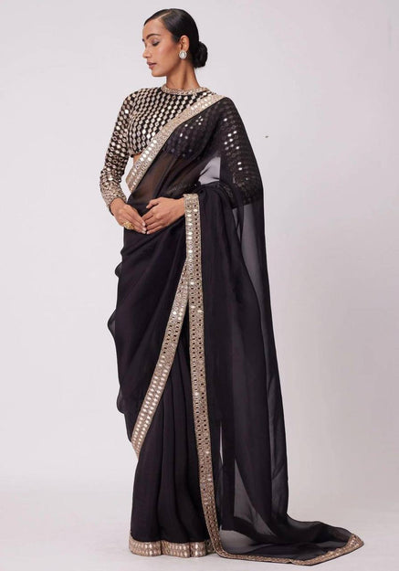 Black Heavy Original Mirror Rangoli Silk Saree