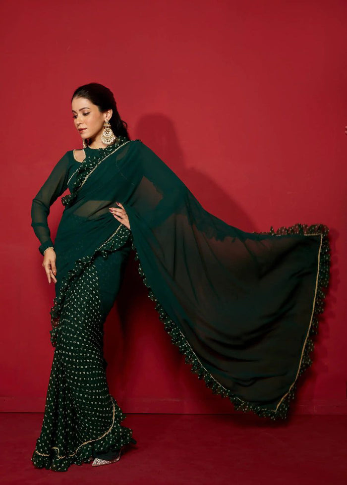 Opal Green Pre-Draped Frilled Design Saree