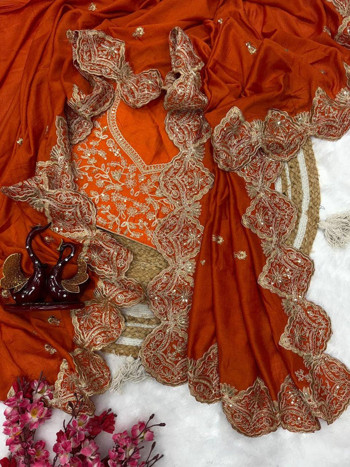 Beautiful Soft Blooming Vichitra Silk cording with Sequence Embroidery Saree