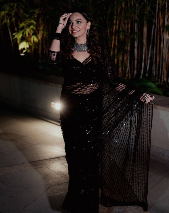 Beautiful Black Heavy Quality Butterfly Net Saree