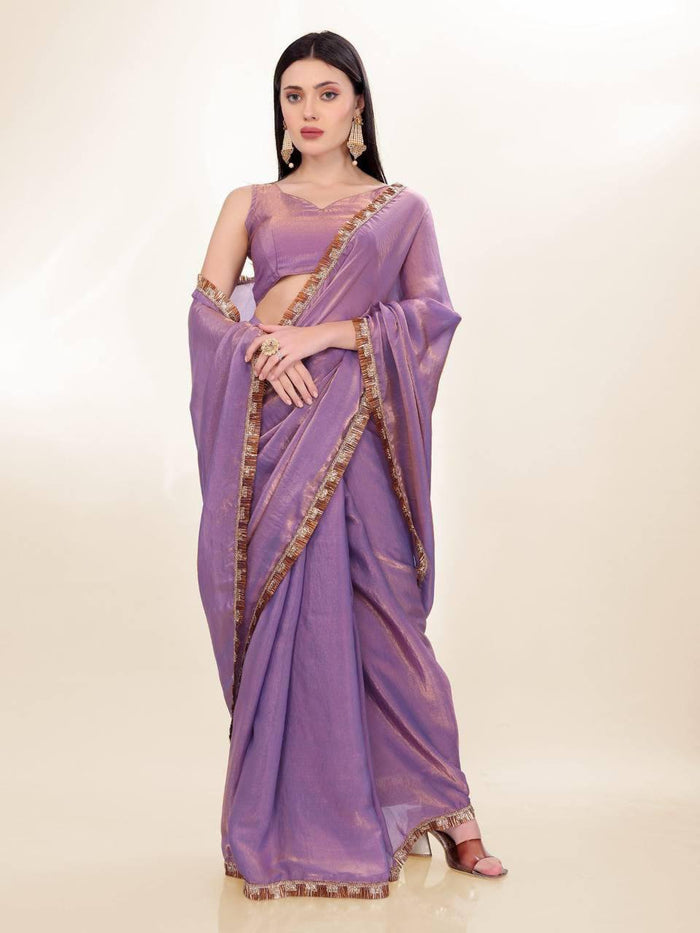 Lavish Lavender Color Fendi Silk With Embroidery Lace Broder and Blouse