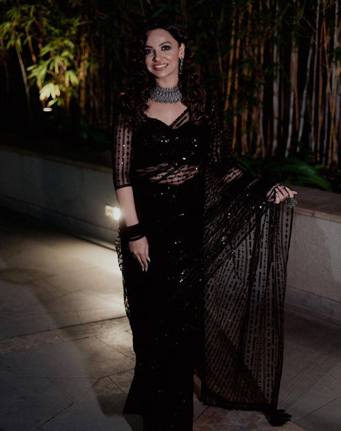 Beautiful Black Heavy Quality Butterfly Net Saree